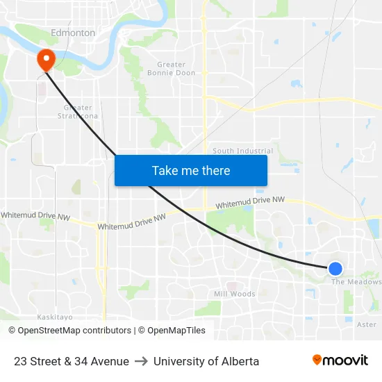 23 Street & 34 Avenue to University of Alberta map