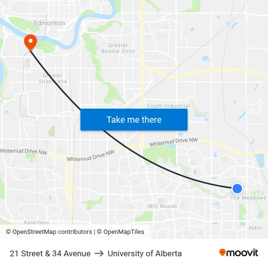21 Street & 34 Avenue to University of Alberta map