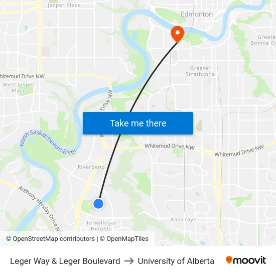 Leger Way & Leger Boulevard to University of Alberta map