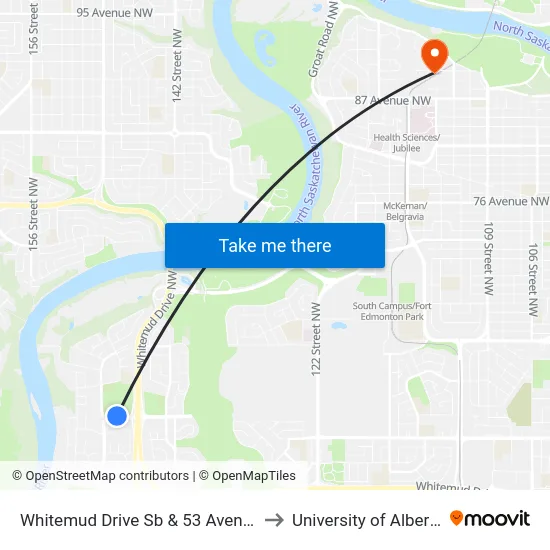 Whitemud Drive Sb & 53 Avenue to University of Alberta map