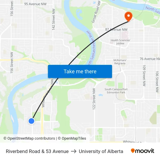 Riverbend Road & 53 Avenue to University of Alberta map