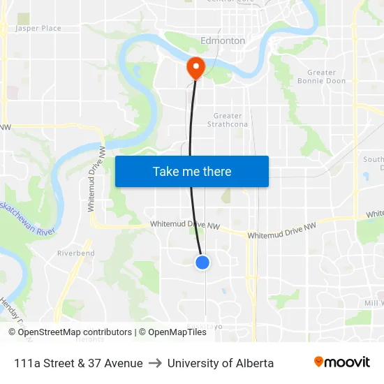 111a Street & 37 Avenue to University of Alberta map