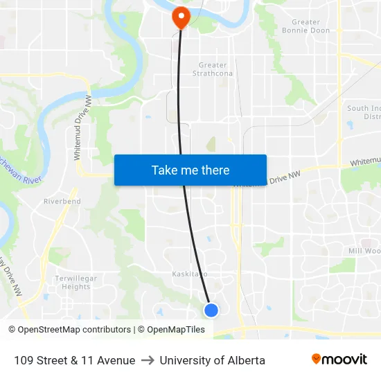 109 Street & 11 Avenue to University of Alberta map