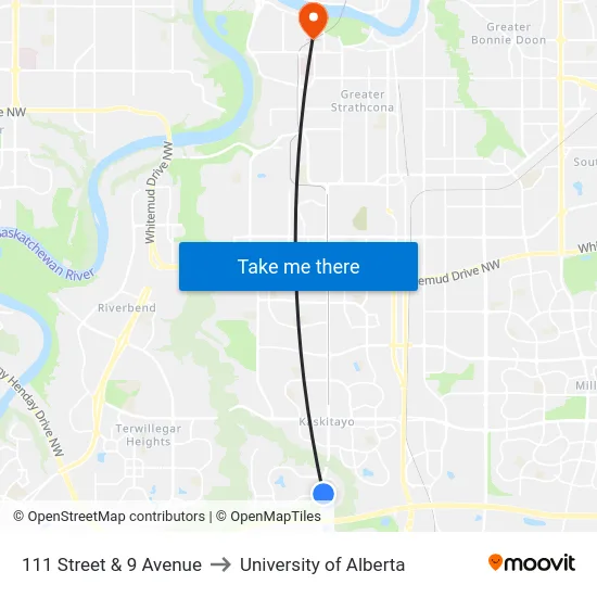 111 Street & 9 Avenue to University of Alberta map