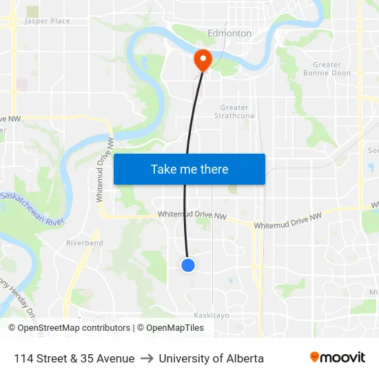 114 Street & 35 Avenue to University of Alberta map