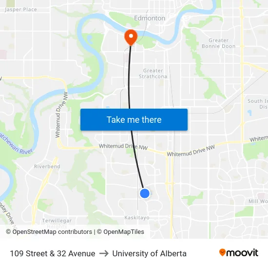 109 Street & 32 Avenue to University of Alberta map