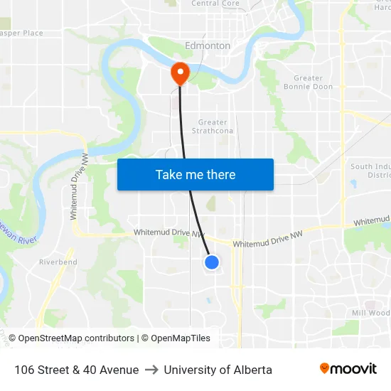 106 Street & 40 Avenue to University of Alberta map