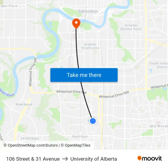 106 Street & 31 Avenue to University of Alberta map
