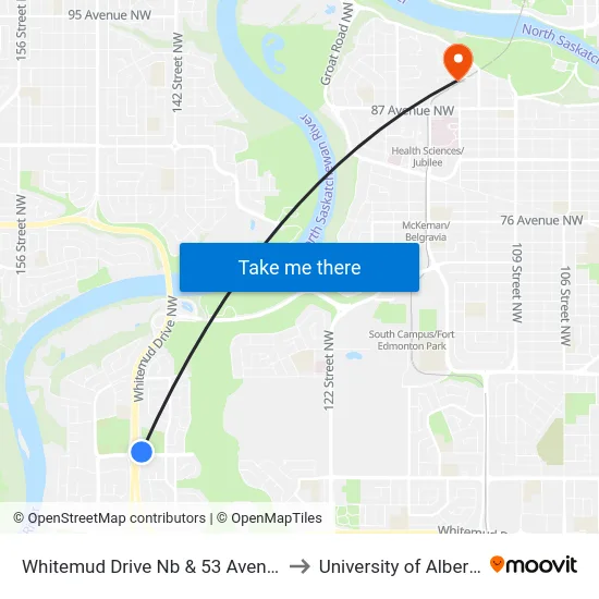 Whitemud Drive Nb & 53 Avenue to University of Alberta map