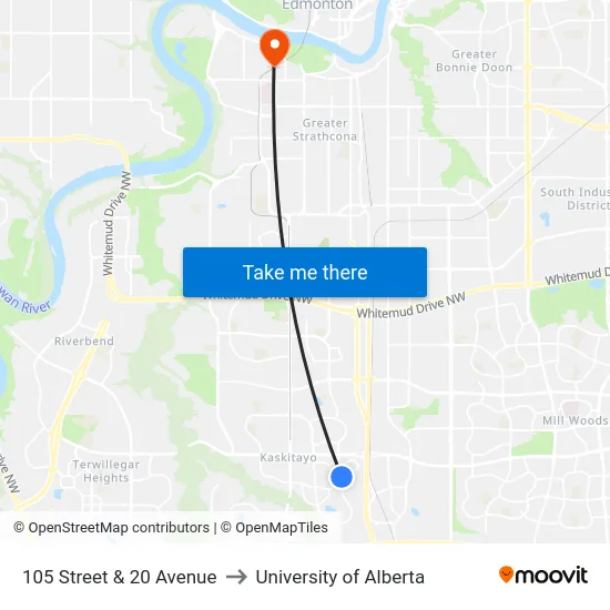 105 Street & 20 Avenue to University of Alberta map