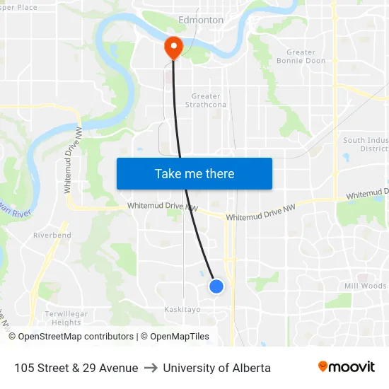 105 Street & 29 Avenue to University of Alberta map