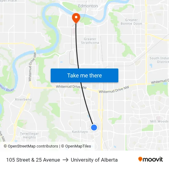 105 Street & 25 Avenue to University of Alberta map