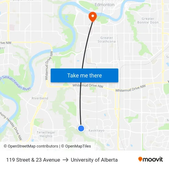 119 Street & 23 Avenue to University of Alberta map