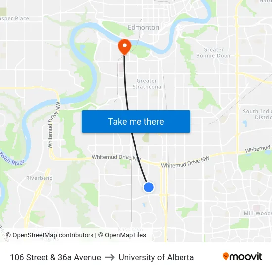 106 Street & 36a Avenue to University of Alberta map