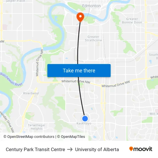Century Park Transit Centre to University of Alberta map