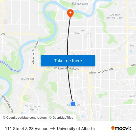 111 Street & 23 Avenue to University of Alberta map
