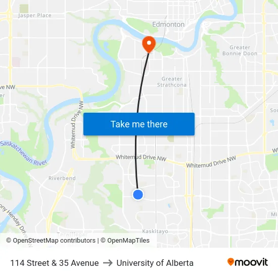 114 Street & 35 Avenue to University of Alberta map
