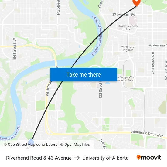 Riverbend Road & 43 Avenue to University of Alberta map