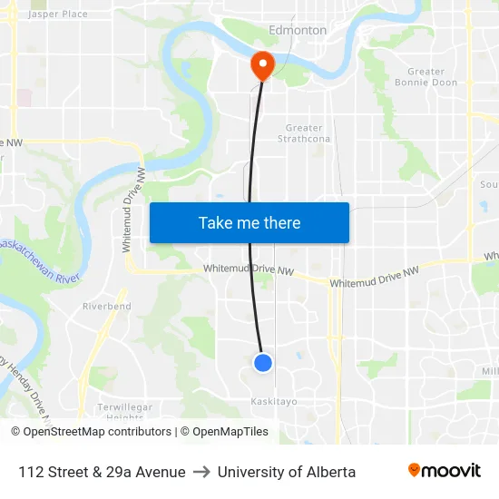 112 Street & 29a Avenue to University of Alberta map