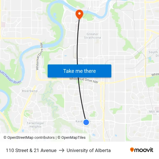 110 Street & 21 Avenue to University of Alberta map