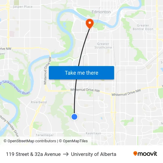 119 Street & 32a Avenue to University of Alberta map