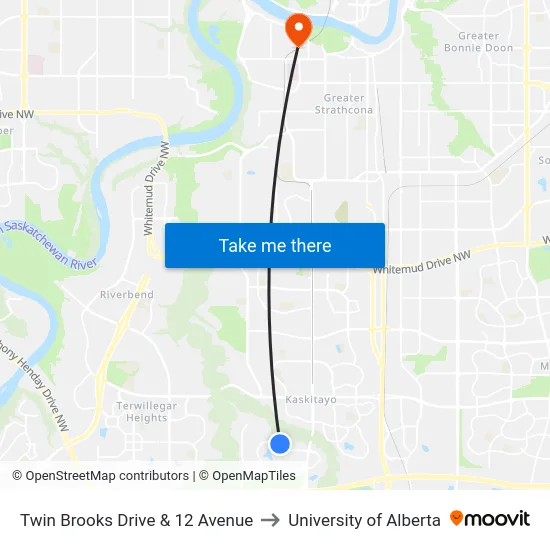Twin Brooks Drive & 12 Avenue to University of Alberta map