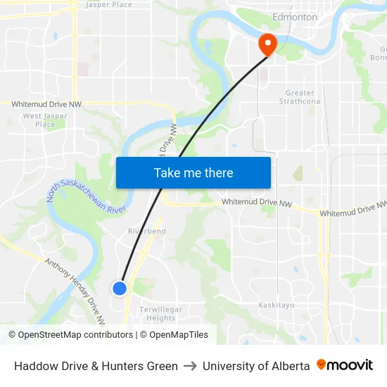 Haddow Drive & Hunters Green to University of Alberta map