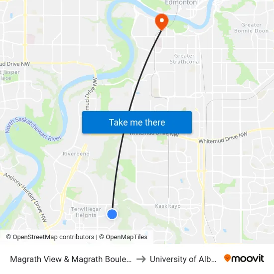 Magrath View & Magrath Boulevard to University of Alberta map