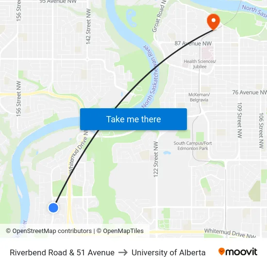 Riverbend Road & 51 Avenue to University of Alberta map