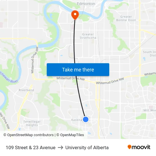 109 Street & 23 Avenue to University of Alberta map