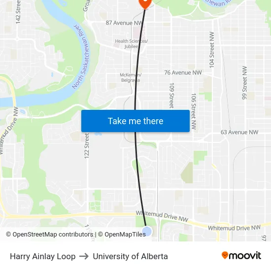 Harry Ainlay Loop to University of Alberta map
