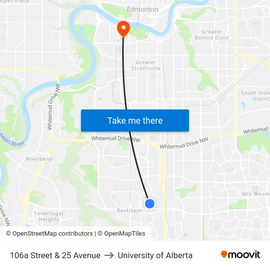 106a Street & 25 Avenue to University of Alberta map