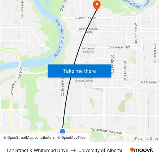 122 Street & Whitemud Drive to University of Alberta map