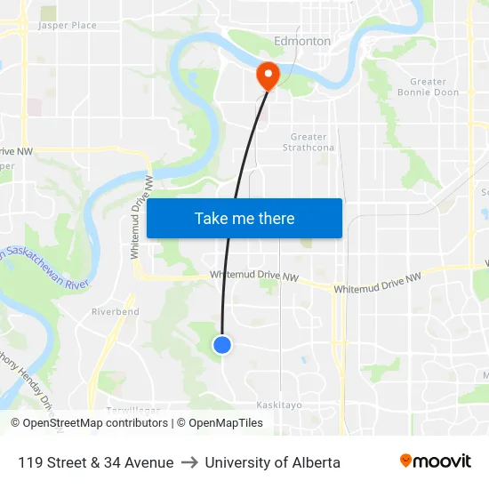 119 Street & 34 Avenue to University of Alberta map