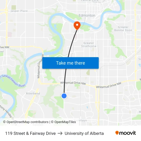 119 Street & Fairway Drive to University of Alberta map
