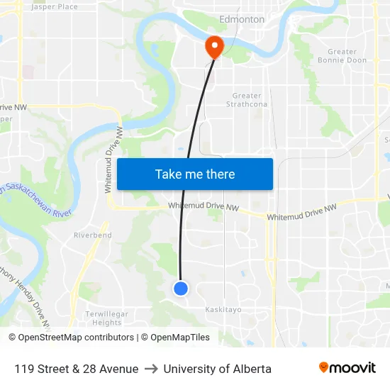 119 Street & 28 Avenue to University of Alberta map
