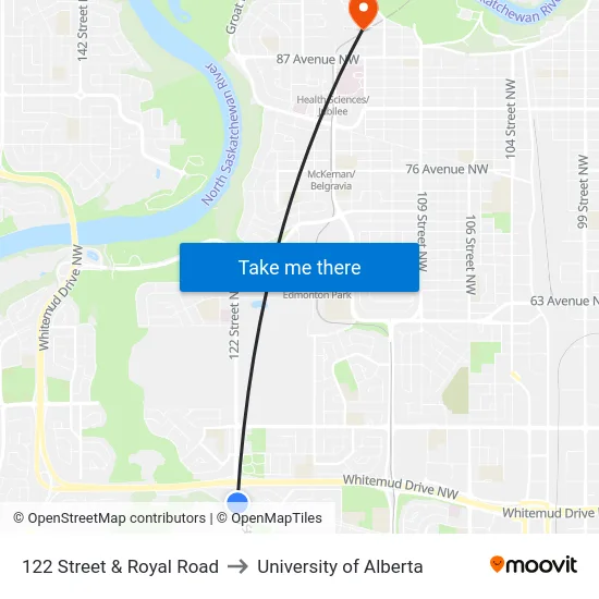 122 Street & Royal Road to University of Alberta map