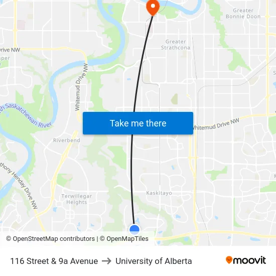 116 Street & 9a Avenue to University of Alberta map