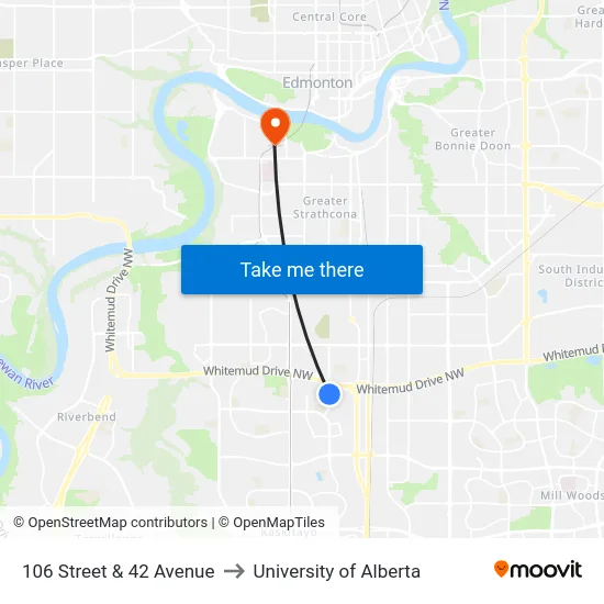 106 Street & 42 Avenue to University of Alberta map