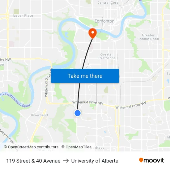 119 Street & 40 Avenue to University of Alberta map