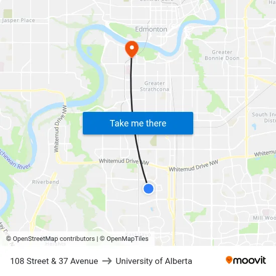 108 Street & 37 Avenue to University of Alberta map