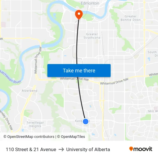 110 Street & 21 Avenue to University of Alberta map