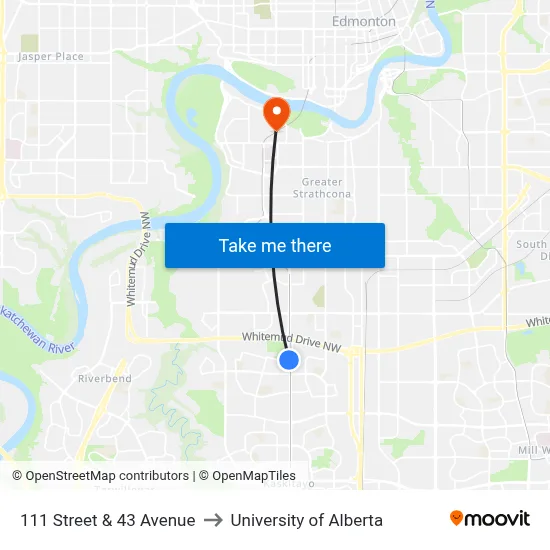 111 Street & 43 Avenue to University of Alberta map