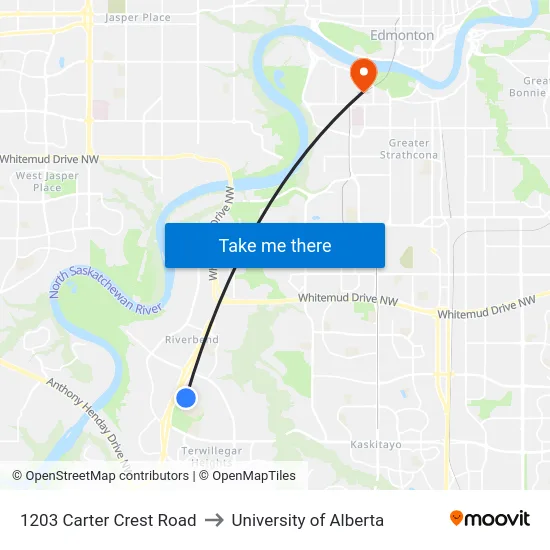 1203 Carter Crest Road to University of Alberta map