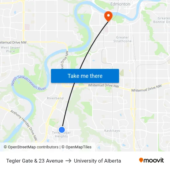 Tegler Gate & 23 Avenue to University of Alberta map