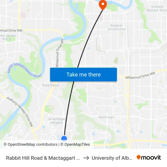 Rabbit Hill Road & Mactaggart Drive to University of Alberta map