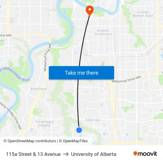 115a Street & 13 Avenue to University of Alberta map