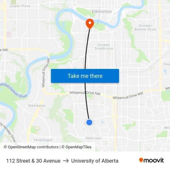 112 Street & 30 Avenue to University of Alberta map