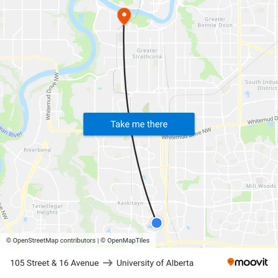 105 Street & 16 Avenue to University of Alberta map