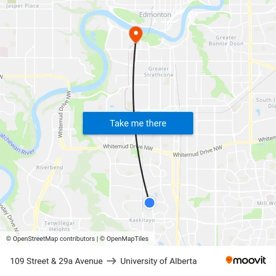 109 Street & 29a Avenue to University of Alberta map